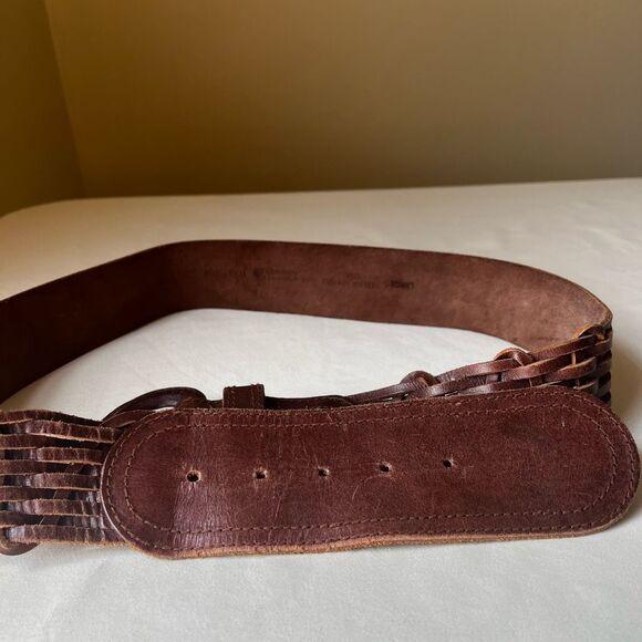 Vintage 90s Liz Claiborne Wide Brown Woven Leather Waist Belt L Covered Buckle - Picture 5 of 8